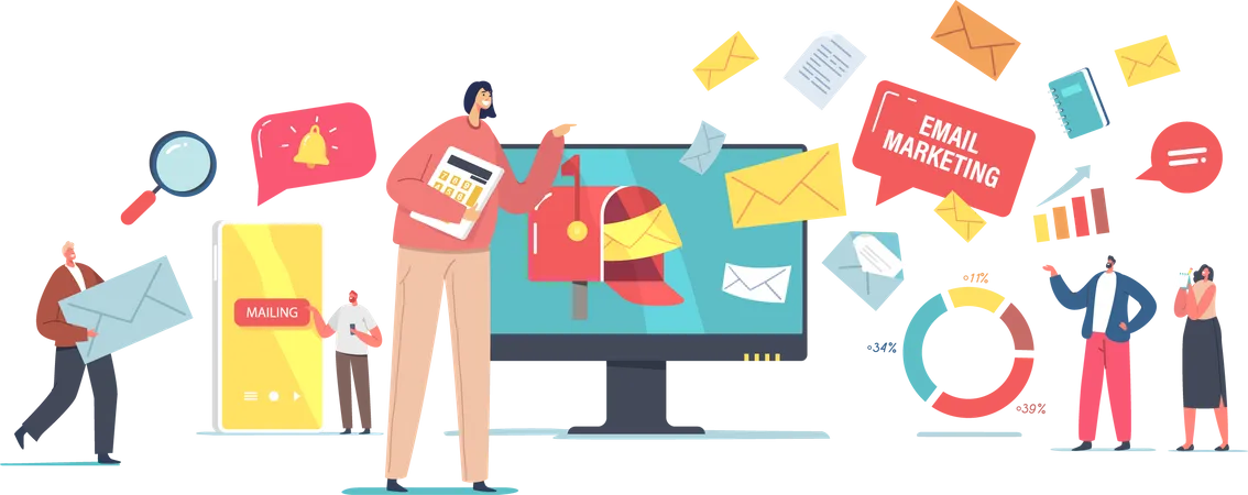 Email Digital Marketing Online Communication Concept Tiny Business Characters At Huge Computer Sending Messages And Notifications To Clients Envelopes With Spam Cartoon People Vector Illustration 일러스트레이션