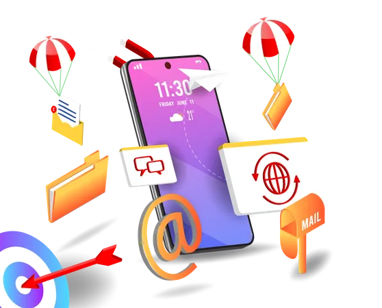 Mobile Email Marketing And Advertising Campaign Newsletter And Subscription Digital Promotion Sending A AD Target Consumers Send Messages Invite People Message Notifications Attractive Offers Illustration