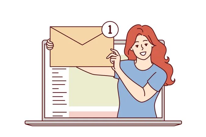 Email messages in hands of woman looking out of laptop and holding large envelope  Illustration