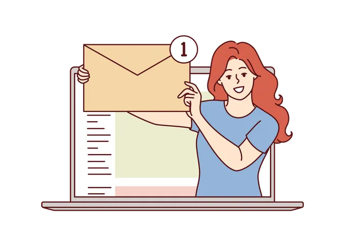 Email Messages In Hands Of Woman Looking Out Laptop And Holding Large Envelope Girl Encourages You To Check Your Internet Mail And Reminds That There Are Unread Emails With Important Information Illustration