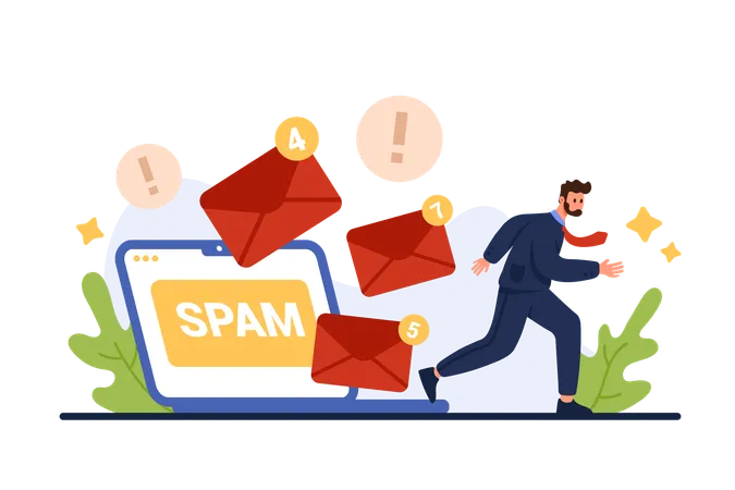 Email Spam Overload Many Junk Mails And Marketing Letters Reduce Efficiency And Productivity Of Businessman Tiny Man With Tie Running Away In Stress From Flying Envelopes Cartoon Vector Illustration 일러스트레이션