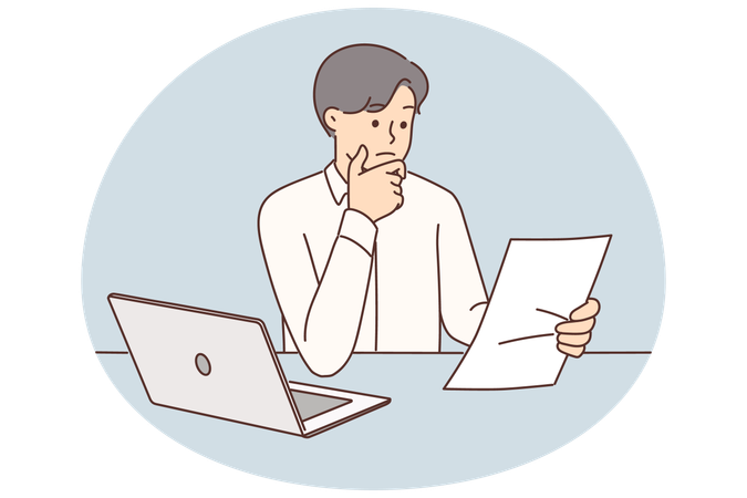 Embarrassed businessman with documents from bank or tax office sitting at table with laptop  Illustration