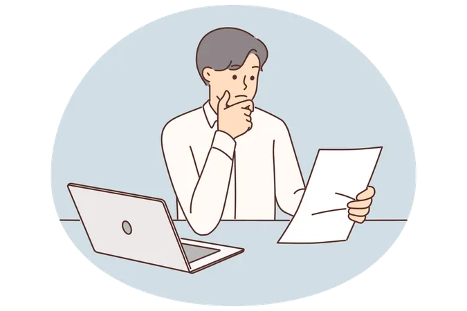 Embarrassed businessman with documents from bank or tax office sitting at table with laptop  Illustration