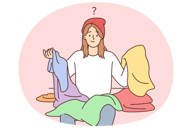 Embarrassed hipster woman cant choose what to wear holding in hands colorful clothes for party  Illustration
