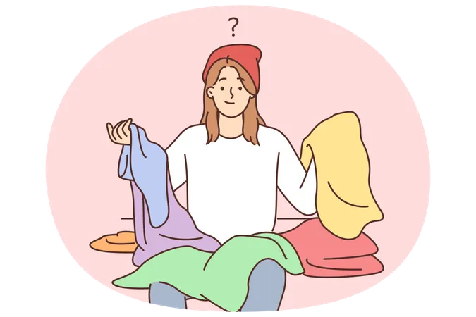 Embarrassed hipster woman cant choose what to wear holding in hands colorful clothes for party  Illustration