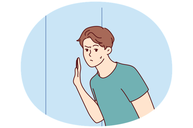 Embarrassed man leaned against door  Illustration