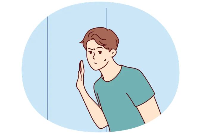 Embarrassed man leaned against door  Illustration