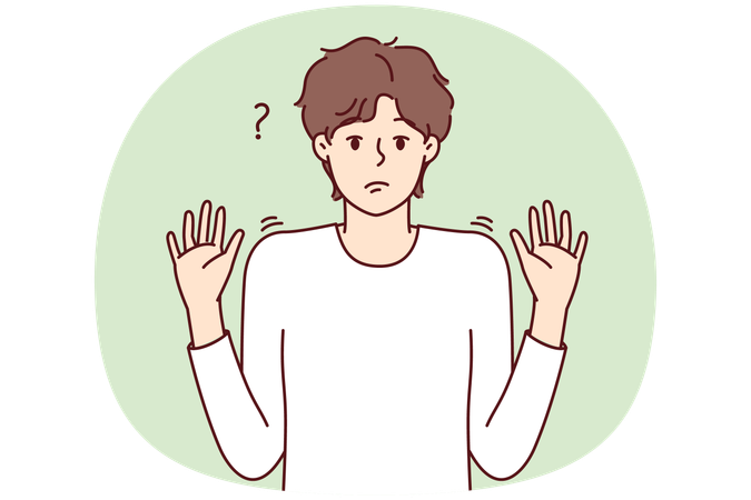 Embarrassed man raises hands up as sign of lack of options for solving problem  Illustration