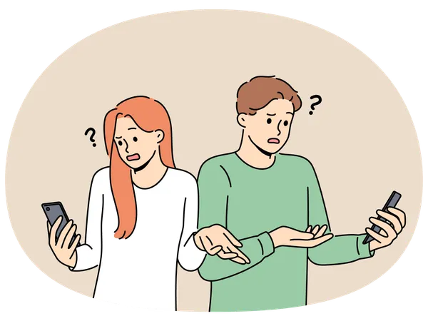 Embarrassed people with phone see error connecting to internet wifi or dead battery of gadget shrug  Illustration