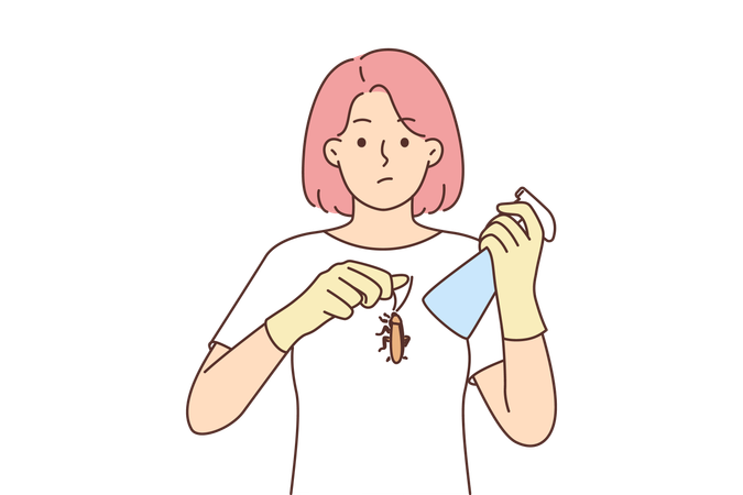 Embarrassed woman holding cockroach and spray bottle  Illustration