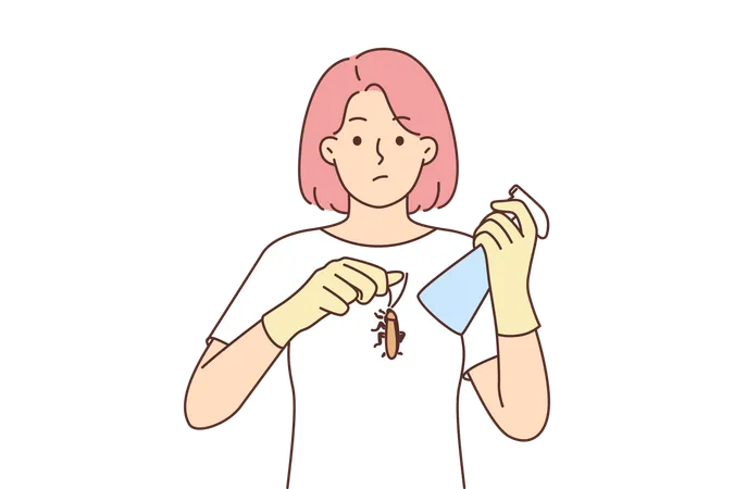 Embarrassed woman holding cockroach and spray bottle  Illustration