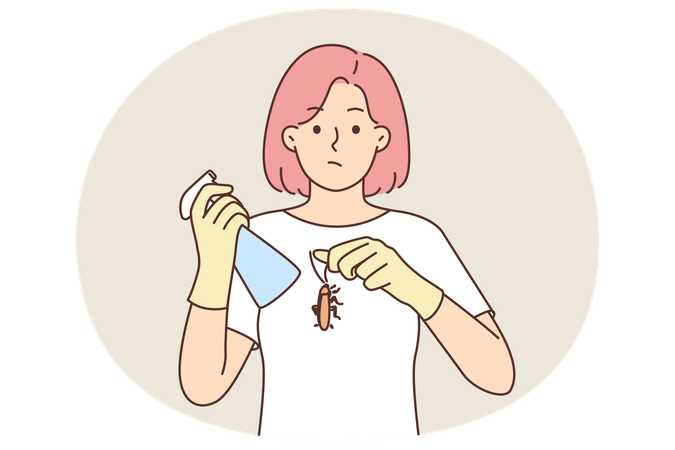 Embarrassed woman holding cockroach and spray bottle with insecticide  Illustration