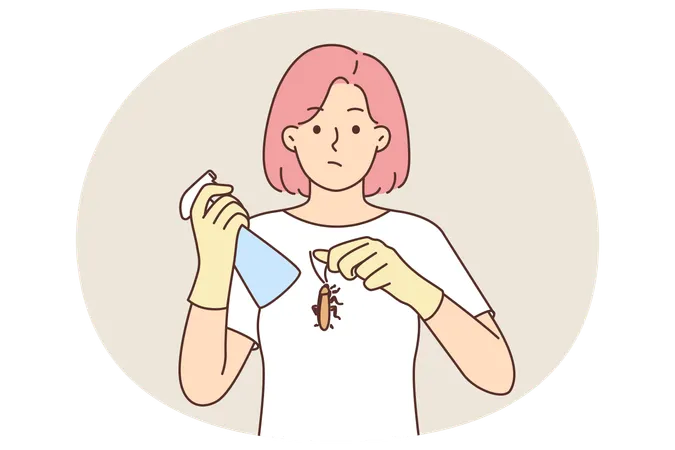 Embarrassed woman holding cockroach and spray bottle with insecticide  Illustration