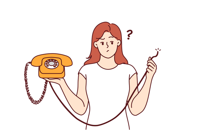 Embarrassed woman holding retro telephone with torn wire and is wondering how to restore telephony  Illustration