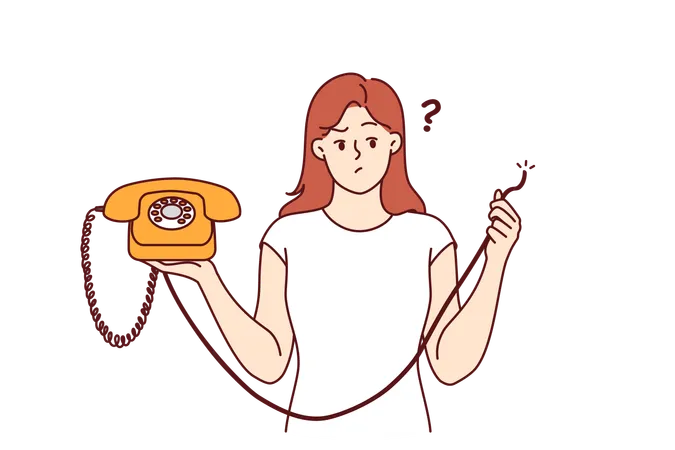 Embarrassed woman holding retro telephone with torn wire and is wondering how to restore telephony  Illustration