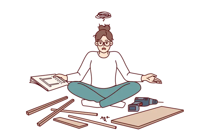 Embarrassed Woman Tries To Assemble Furniture By Herself And Gets Frustrated After Reading Instructions Girl With Manual In Hands Sits Near Disassembled Table And Is Sad Needing Help Furniture Maker Illustration