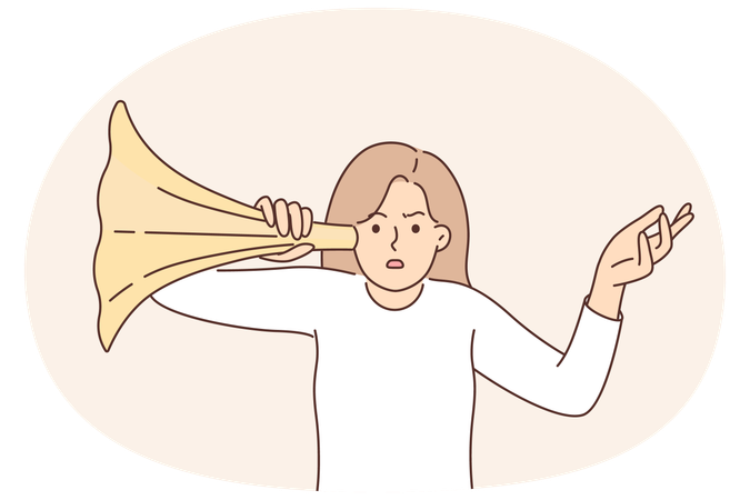 Embarrassed woman with hearing aid eavesdrops  Illustration