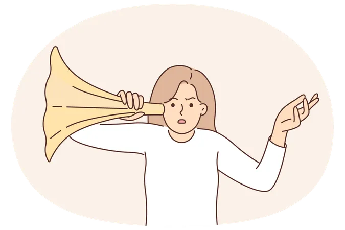 Embarrassed woman with hearing aid eavesdrops  Illustration