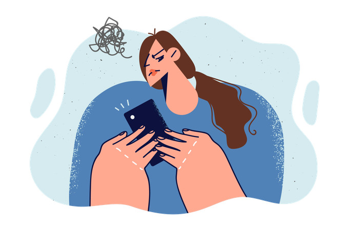 Embarrassed woman with phone in hands feels doubt after receiving suspicious SMS from scammers  Illustration