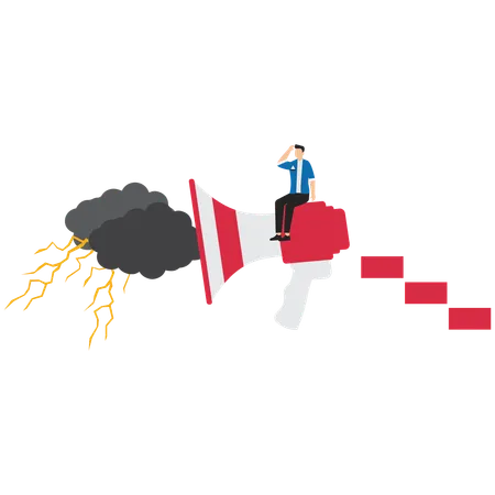 Embittered businessman sitting on megaphones that emit dark clouds and lightning bolts  Illustration