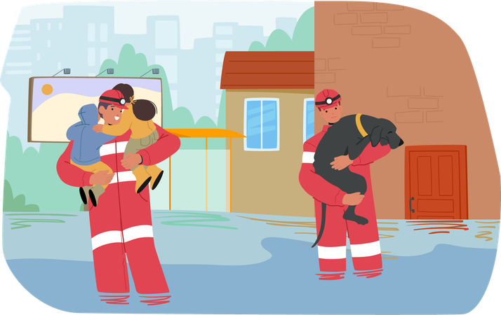 Emergency Responders Carry Children and Dog To Safety Through Flooded Area  Illustration