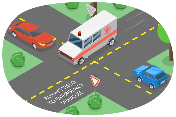 3 D Isometric Flat Vector Conceptual Illustration Of Emergency Vehicles At Crossroad Safe Driving Tips Illustration