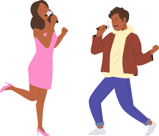 Homem e mulher expressivos emocionais cantando no microfone se apresentando em show de talentos  Ilustração