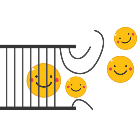 Emoticones divertidos y positivos con llave para liberarse de la jaula.  Ilustración