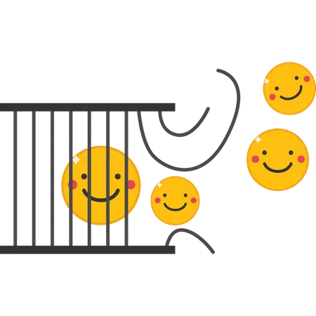 Emoticones divertidos y positivos con llave para liberarse de la jaula.  Ilustración