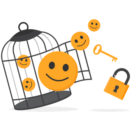 Emoticones divertidos y positivos con llave para liberarse de la jaula.  Ilustración