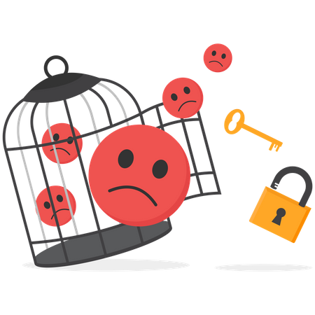 Emoticones negativos con llave para liberarse de la jaula.  Ilustración