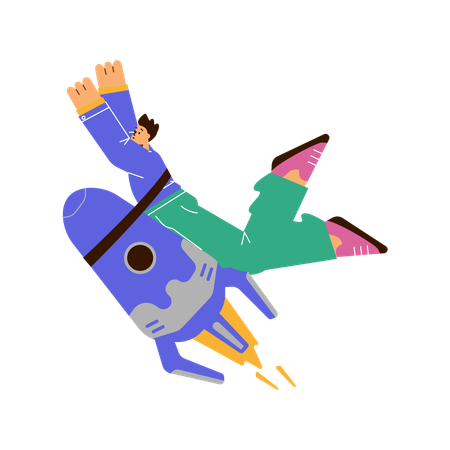 Emotional boy flying on rocket  Illustration