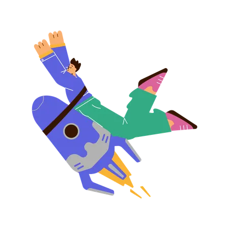 Emotional boy flying on rocket  Illustration