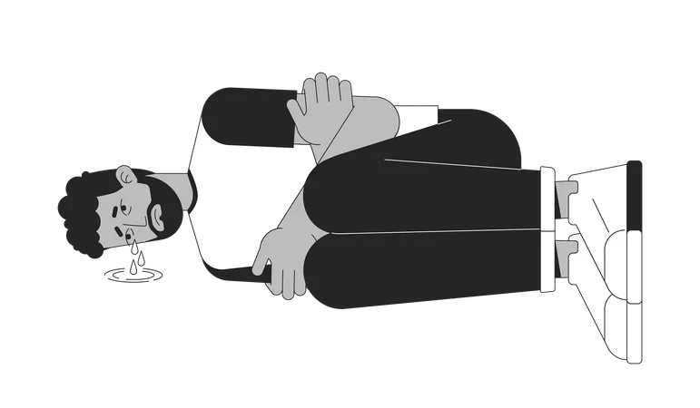 Emotional Breakdown Man Lying Curled Up Black And White 2 D Line Cartoon Character Depressive African American Male Isolated Vector Outline Person Heartbroken Monochromatic Flat Spot Illustration Illustration