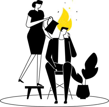 Emotional Burnout Modern Flat Design Style Illustration Black Yellow And White Composition With A Man On Fire A Woman Colleague Pouring Water On His Head To Calm Him Down Stress At Work Concept Illustration