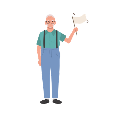 Emotional Elderly man with White Flag in Retirement  Illustration