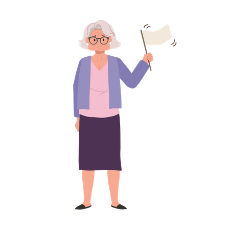 Emotional Elderly Woman with White Flag in Retirement  Illustration