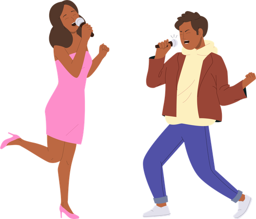 Emotional expressive man and woman singing in microphone performing in talent show  Illustration