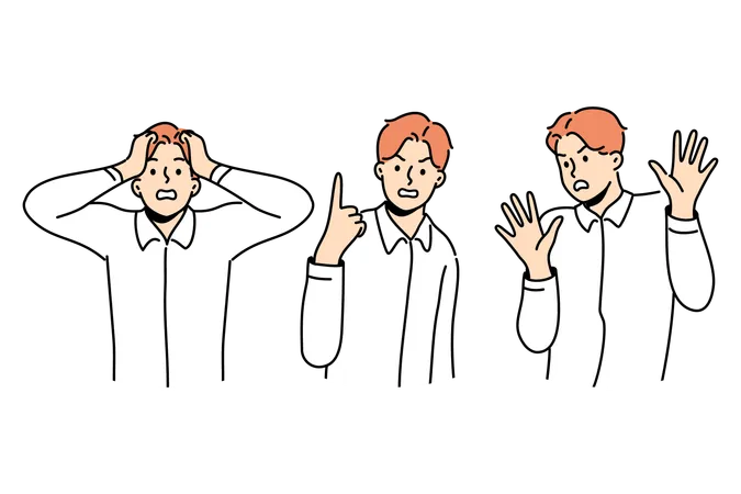 Emotional man afraid and feels aggression and showing various gestures after receiving misinformation  Illustration