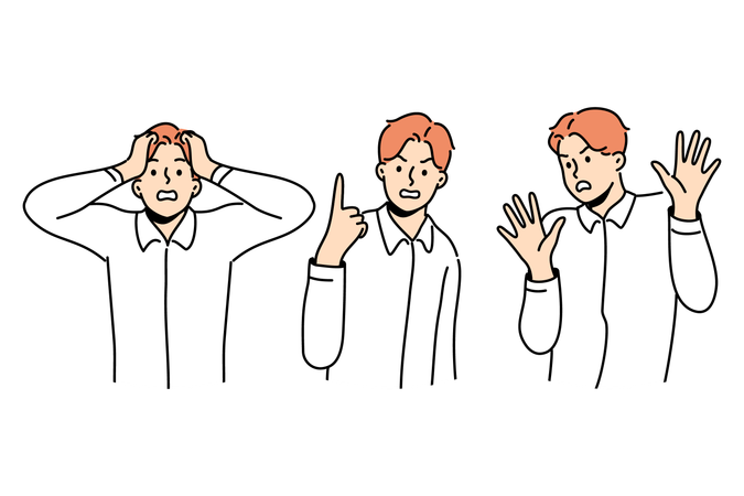 Emotional man afraid and feels aggression and showing various gestures after receiving misinformation  Illustration