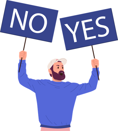 Emotional man holding placard with yes and no inscription  Illustration