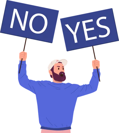 Emotional man holding placard with yes and no inscription  Illustration