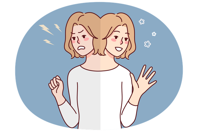 Emotional woman suffer from bipolar disorder  Illustration