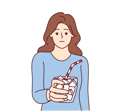 Emotionless girl holds glass full of sugar with straw symbolizing unhealthy nutrition  Illustration