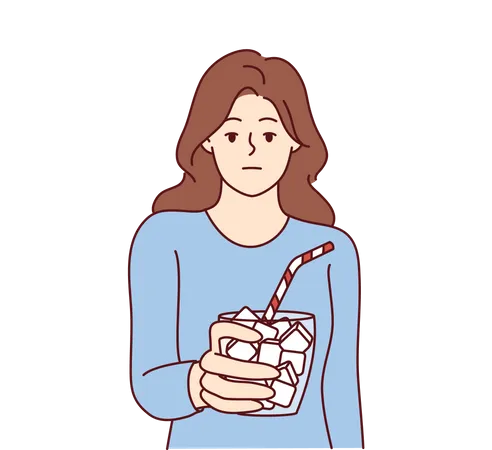 Emotionless girl holds glass full of sugar with straw symbolizing unhealthy nutrition  Illustration