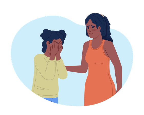 Empathic mother trying to comfort crying daughter  Illustration