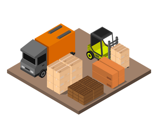 Empilhadeira descarregando caixas de produtos do caminhão  Ilustração