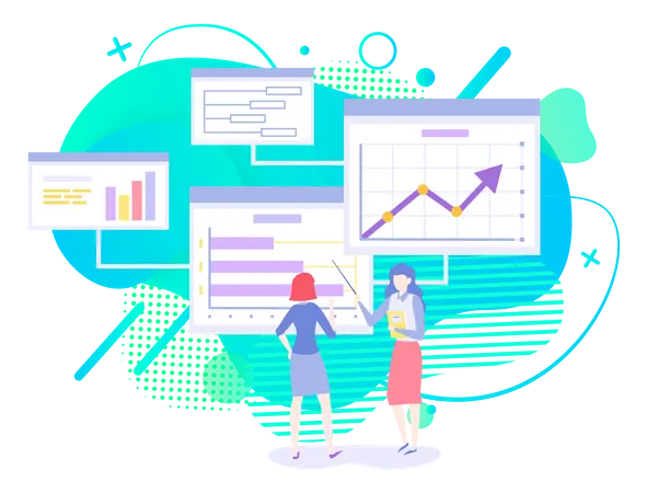 Empleada que presenta gráfico de análisis de datos  Ilustración