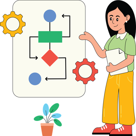Empleada presentando diagrama de flujo empresarial  Ilustración