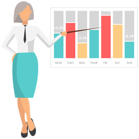 Empleada que presenta gráfico de análisis de datos  Ilustración